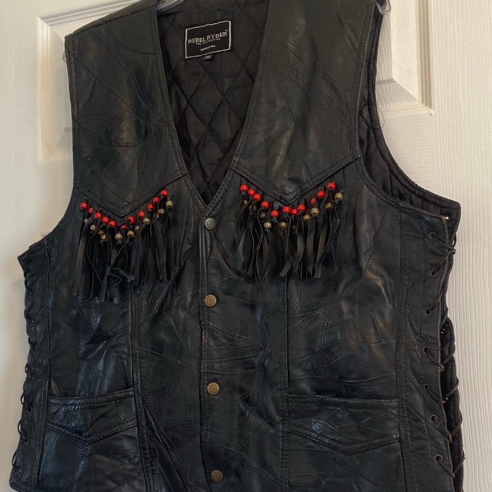 Black Leather Vest with Fringe by